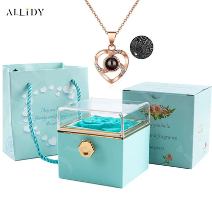 Rotation Real Rose Valentine's Day Marriage Acrylic Jewelry Gift Boxes 100 Languages Projection Necklace for Women Girl Lover