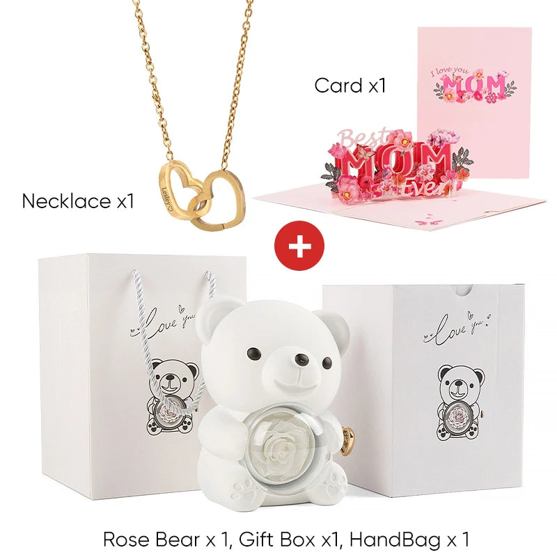 2025 New Beautiful 3D Mother's Day Card Roses Teddy Bear and Necklace Best Personalized Unique Mother’s Day Gifts for Mom