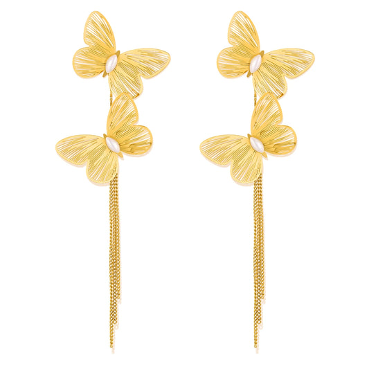 Luxury French Style Butterfly Tassel Earrings for Women – Bold Stainless Steel Titanium Statement Jewelry