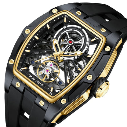 MINIFOCUS Men's Bestseller Barrel Automatic Mechanical Watch Full Skeleton Stainless Steel Case Trendy Fathers Day Gift for Him