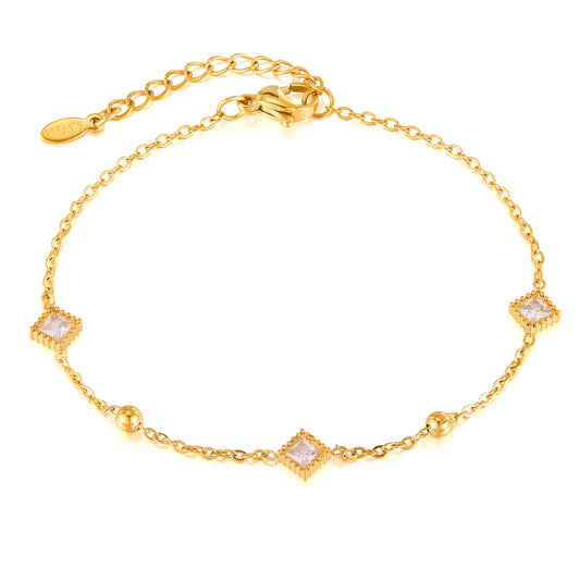 Geometric Square Zircon Bracelet for Women – Stainless Steel Commuter Style Chain with Small Beads