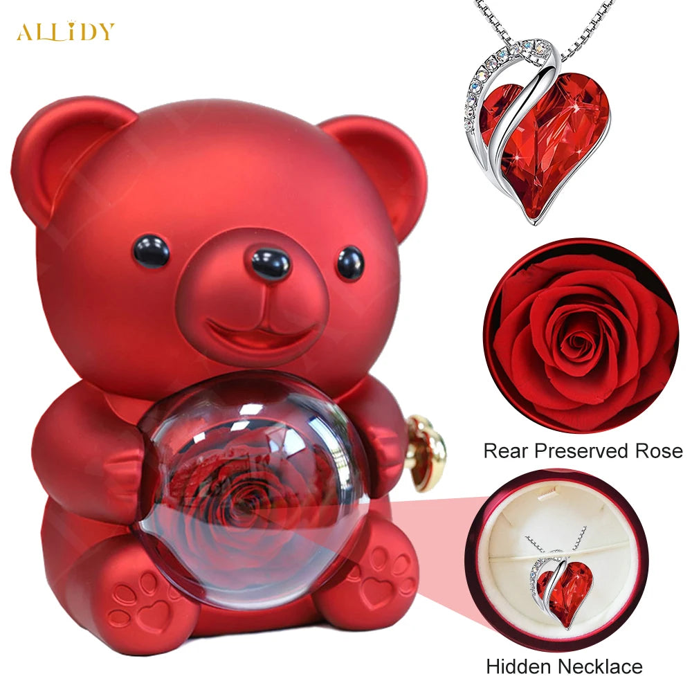 6-Colors Bear Eternal Flower Jewelry Box with Heart shaped Geometric Crystal Stone Mother's Day Valentine's Day Christmas Gifts