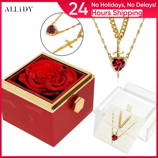 Rotating Eternal Rose Gift Box with Heart and Sword Pendant Necklace for Women Romantic Birthday Holiday Jewelry Gifts