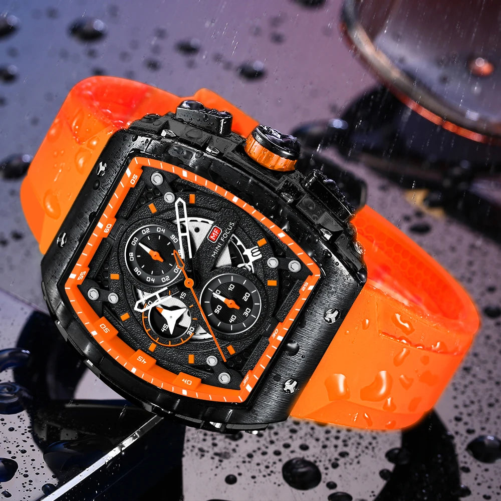MINIFOCUS Luxury Men's Sports Watch Barrel Curved Glass Waterproof Luminous Automatic Analog Watch for Outdoor & Business