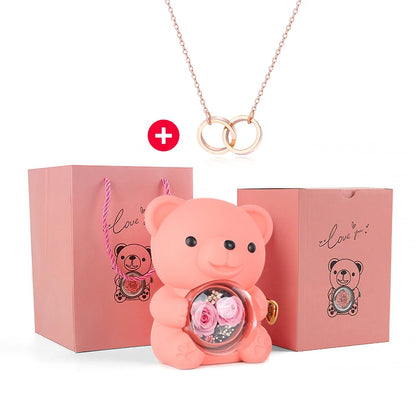 New Double Rose Eternal Rose Teddy Bear Jewelry Box with Custom Engraved Pendant Necklace – Perfect Valentine's Day Gift for Wom