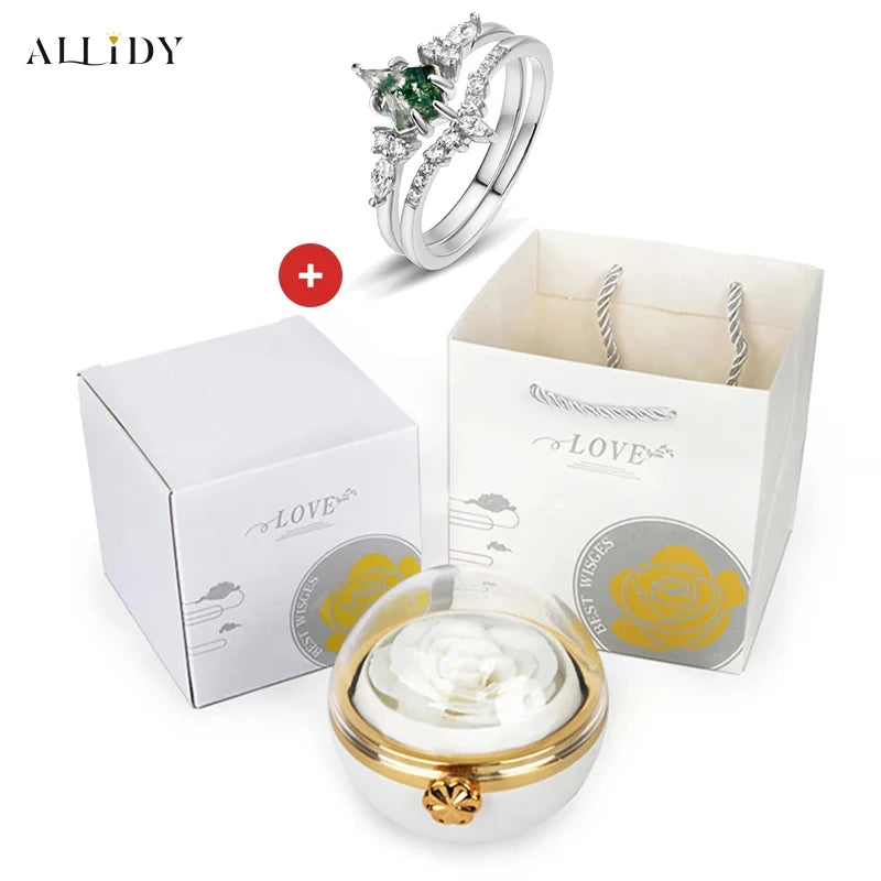 Creative Irregular Natural Green Moss Stone Aquatic Agate Retro Women's Two-Piece Ring With Real Eternal Rose Jewelry Box Set