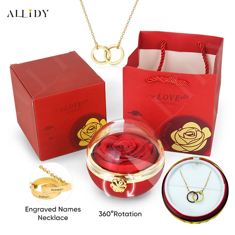 New Rotating Rose Round Jewelry Gift Box with Customized Name Stainless Steel Necklace Valentine's Day Marriage Proposal Gifts