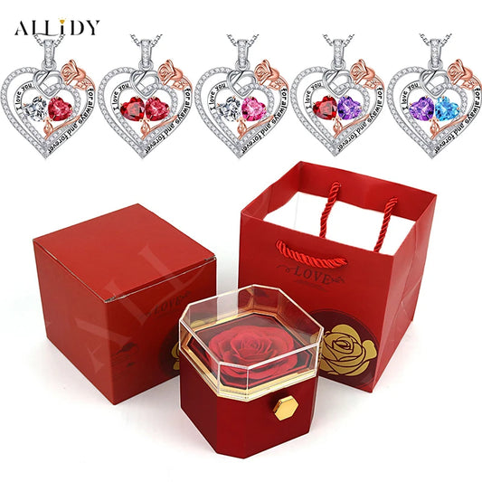 Fashion Double Heart Crystal Necklace with Rose Box – Perfect Gift Set for Women on Valentine's or Mother’s Day