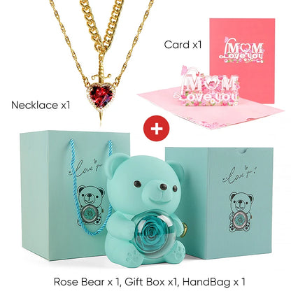 Mother's Day 3D Card Red Zircon Heart and Sword Necklace Double Necklace Real Rose Hug Bear Mothers Day Jewelry Gift Set for Mom