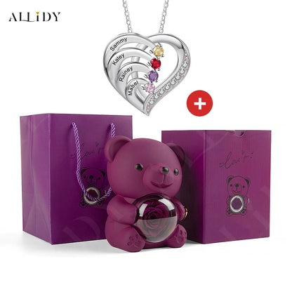 Fashion Personality Custom Engraved Name Heart Necklace and Eternal Rose Teddy Bear Jewelry Gift Box Christmas Valentine Women