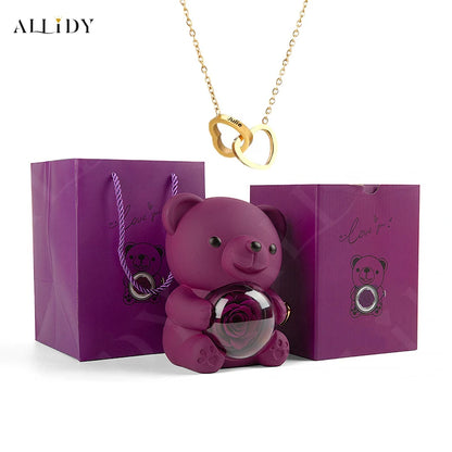 School Gift Send Son Daughter Lovely Purple Eternal Rose Teddy Bear with Custom Carved Words Heart Necklace Jewelry Gift Set