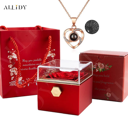 Rotation Real Rose Valentine's Day Marriage Acrylic Jewelry Gift Boxes 100 Languages Projection Necklace for Women Girl Lover