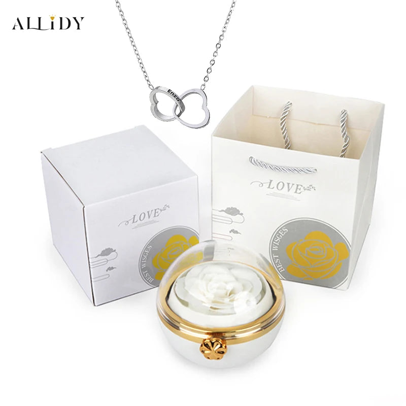 Eternal Rose Round Jewelry Box Personalized Custom Engraved Name Necklace Heart Pendant Women Valentine's Day Christmas Gift