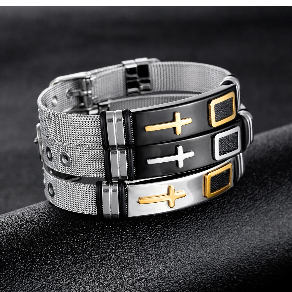 Men’s Vintage Punk Cross Bracelet – Titanium Steel Mesh Band Wristband, Gothic Fashion Jewelry