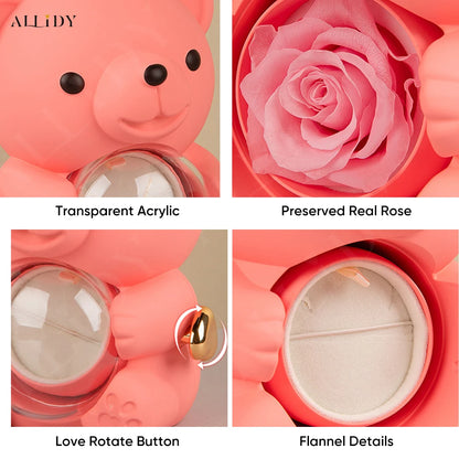 2024New Surprise Gift Ideas Real Preserved Eternal Rose Teddy Bear Necklace Ring Jewelry Box Christmas Valentine's Day Presents