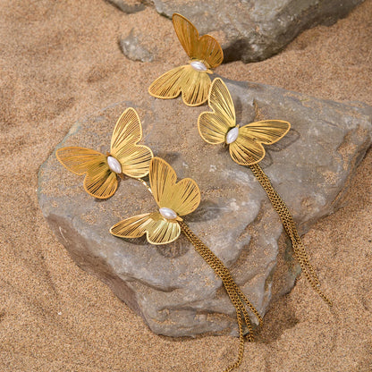 Luxury French Style Butterfly Tassel Earrings for Women – Bold Stainless Steel Titanium Statement Jewelry