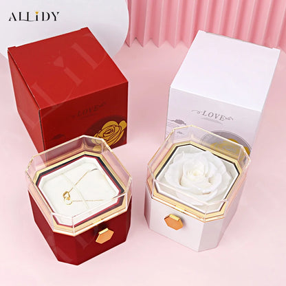 New Octagon Rotating Preserved Rose Proposal Surprise Jewelry Gift Box with Custom Name Necklace Set Holiday for Girlfriend