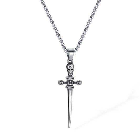 Men’s Skull Cross Sword Pendant Necklace – Retro Punk Stainless Steel Jewelry