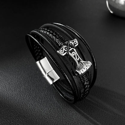 Men’s Vintage Geometric Leather Bracelet – Multi-Layer Braided Wristband with Stainless Steel Accents, Retro European Style
