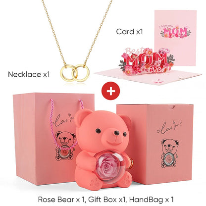 Mother's Day Gift Set Personalized Custom Necklace & Eternal Rose Teddy Bear and Beautiful Card Unique Jewelry Gift for Mom