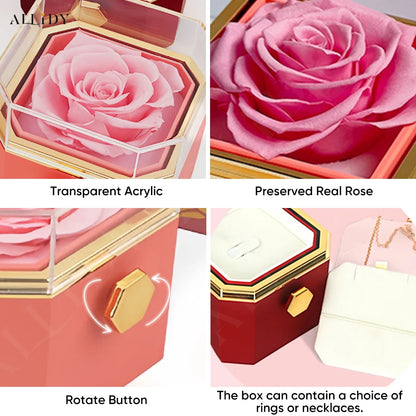 New Octagon Rotating Preserved Rose Proposal Surprise Jewelry Gift Box with Custom Name Necklace Set Holiday for Girlfriend