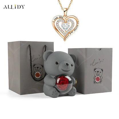 Luxury Red Zircon Pendant Necklaces With Rose Bear Gift Box For Girlfriend Women I Love You Gifts 2024 Trendy Wedding Jewelry