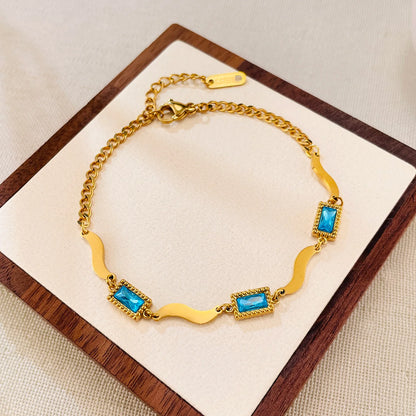 French Style Minimalist Blue Crystal Bracelet – Square Glass Zircon Charm Women’s Stainless Steel Gold-Plated Chain Jewelry