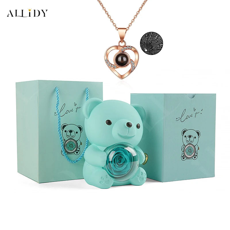 Eternal Rose Teddy Bear Gifts Box with Necklace Rotate Rose Jewelry Box Valentine Wedding Storage Gift Case for Women Girlfriend