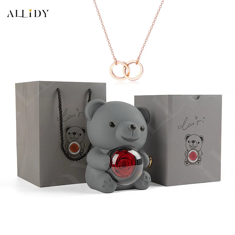 Surprise Gifts Set for Friends Preserved Rose Teddy Bear Gift Box 2 Rings Pendant Engraved Names Necklace Jewelry Present