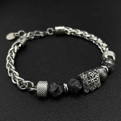 Men’s Stainless Steel Bracelet – Cross Chain with Skull / Wolf / Leopard Head & Tiger Eye Beads, Vintage Style