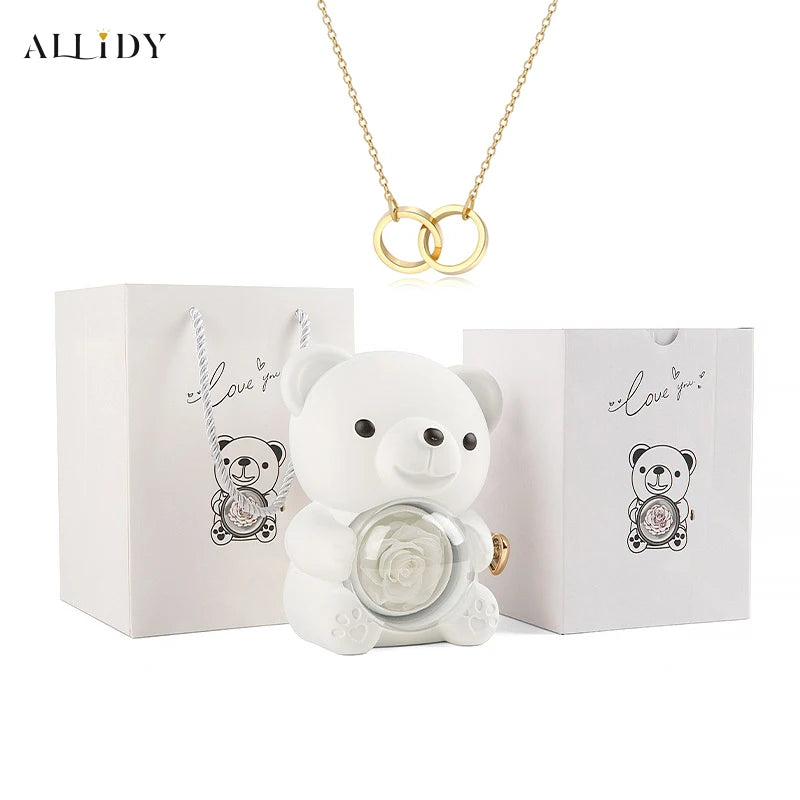 Red Eternal Rose Teddy Bear with Stainless Steel Custom Names Necklace Jewelry Gifts Set for Woman Christmas Gift