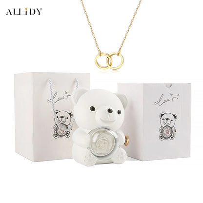 Surprise Gifts Set for Friends Preserved Rose Teddy Bear Gift Box 2 Rings Pendant Engraved Names Necklace Jewelry Present