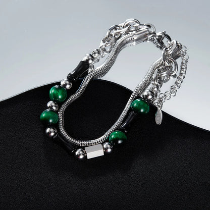Men’s Double-Layer Green Tiger Eye Bracelet – Retro Stainless Steel Beaded Wristband with Black Bamboo Beads, High-End Design