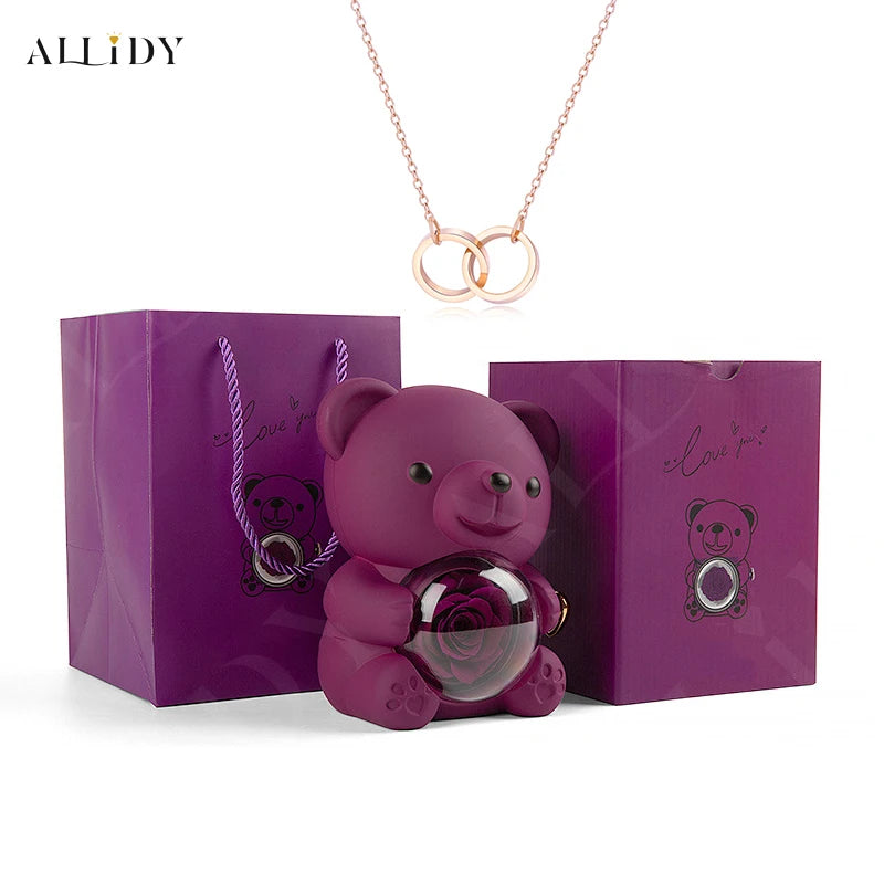 Red Eternal Rose Teddy Bear with Stainless Steel Custom Names Necklace Jewelry Gifts Set for Woman Christmas Gift