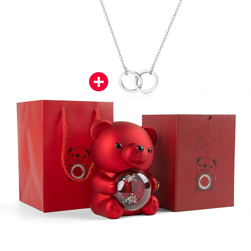 New Double Rose Eternal Rose Teddy Bear Jewelry Box with Custom Engraved Pendant Necklace – Perfect Valentine's Day Gift for Wom