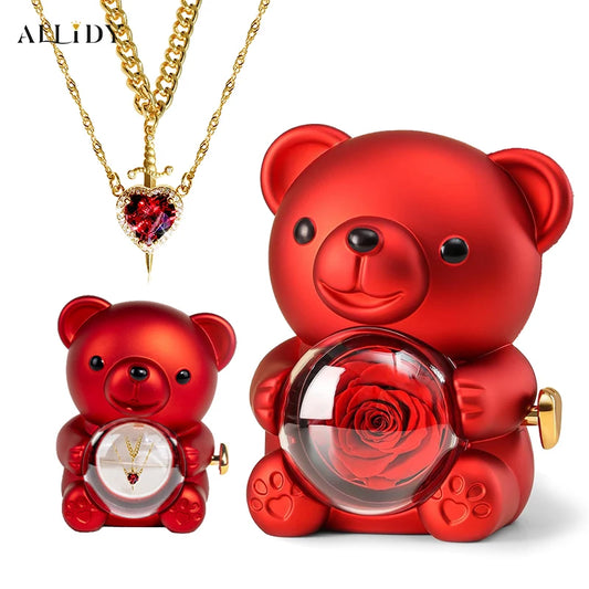 Hot Red Zircon Love Dagger Sword Pendant Collarbone Chain Double Valentine's Day Couple Necklace Real Preserved Rose Teddy Bear