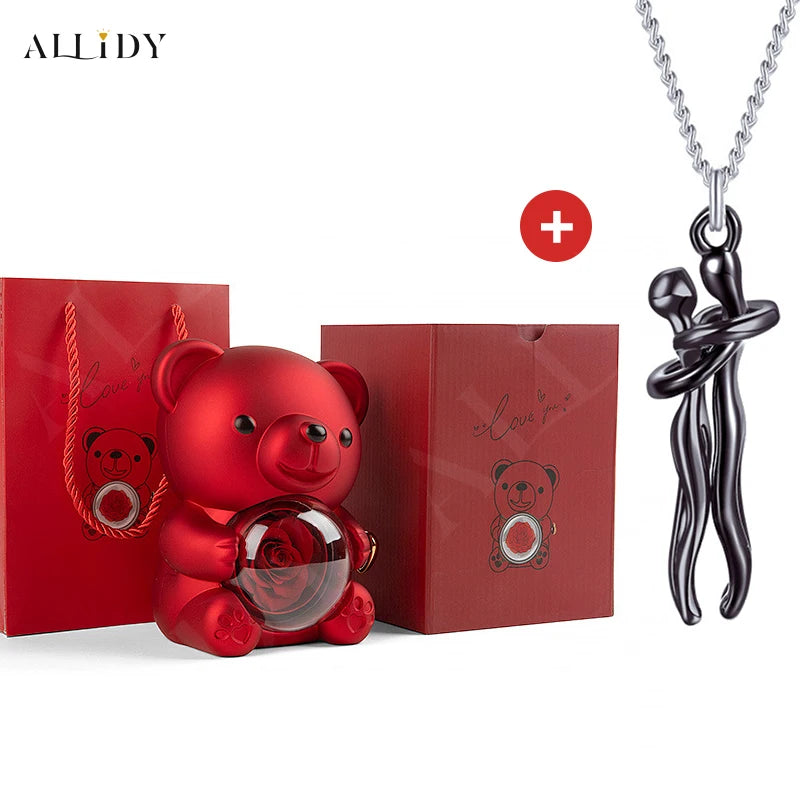 Hip Hop Embrace Couple Pendant Necklace Adjustable Hugging Pendant Necklace and Eternal Rose Bear Jewelry Box Valentine Day Gift