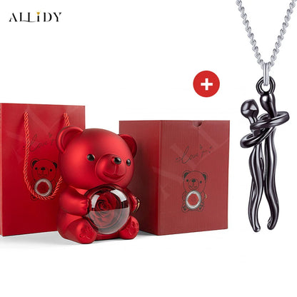 Hip Hop Embrace Couple Pendant Necklace Adjustable Hugging Pendant Necklace and Eternal Rose Bear Jewelry Box Valentine Day Gift