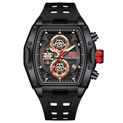 MINIFOCUS Luxury Mens Racing Sports Watch Barrel Skeleton Dial Waterproof Luminous Wristwatch Outdoor Business Watch for Man
