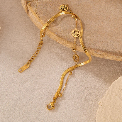 Vintage Double-Layer Tree of Life Bracelet for Women – Stainless Steel Snake Chain Layered Wrist Jewelry