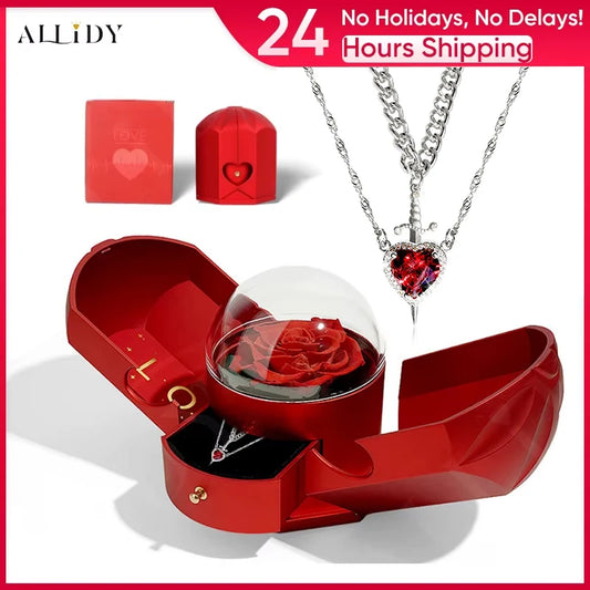 2PC Gothic Punk One Arrow Through The Heart Creative Two Color Couple Necklace Red Rhinestone Heart Dagger Necklace Friend Gift