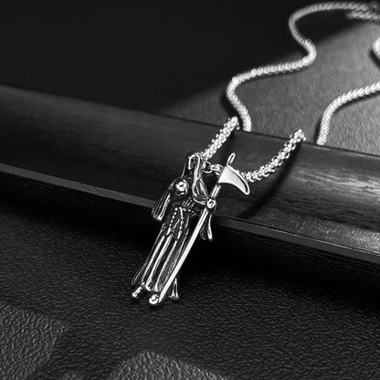 Men’s Reaper Scythe Pendant Necklace – Retro Punk Stainless Steel Grim Reaper Charm Chain