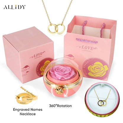 New Rotating Rose Round Jewelry Gift Box with Customized Name Stainless Steel Necklace Valentine's Day Marriage Proposal Gifts