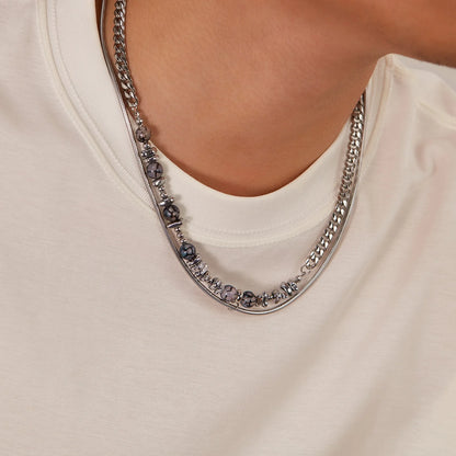 Men’s Minimalist Double Layer Necklace – Black Agate & Stainless Steel Cuban Chain with Natural Stone Detail