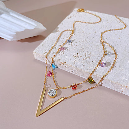 Trendy Double Layer Clavicle Necklace – Minimalist Stainless Steel Chain with Colorful Zircon for Women