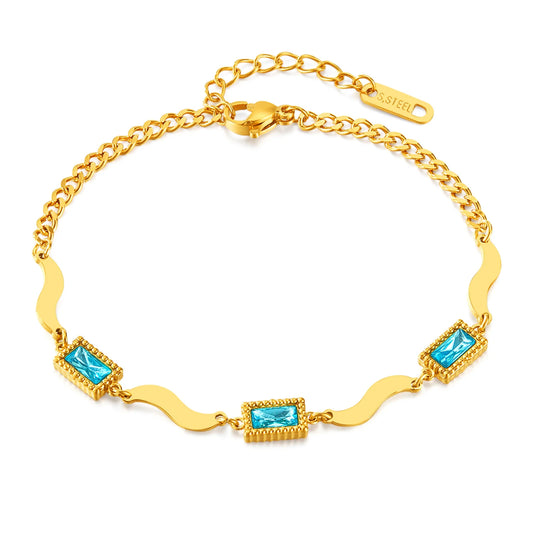 French Style Minimalist Blue Crystal Bracelet – Square Glass Zircon Charm Women’s Stainless Steel Gold-Plated Chain Jewelry