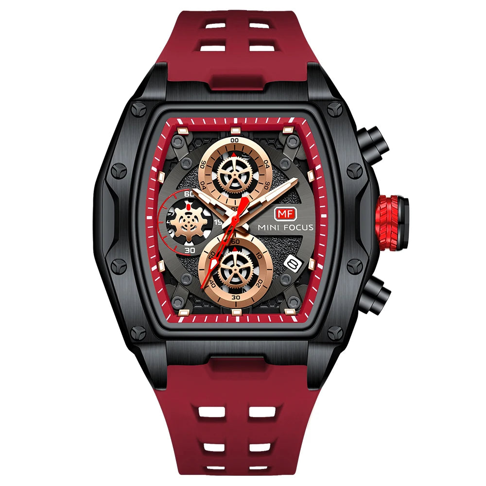 MINIFOCUS Luxury Mens Racing Sports Watch Barrel Skeleton Dial Waterproof Luminous Wristwatch Outdoor Business Watch for Man