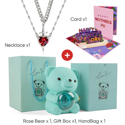 Mother's Day 3D Card Red Zircon Heart and Sword Necklace Double Necklace Real Rose Hug Bear Mothers Day Jewelry Gift Set for Mom