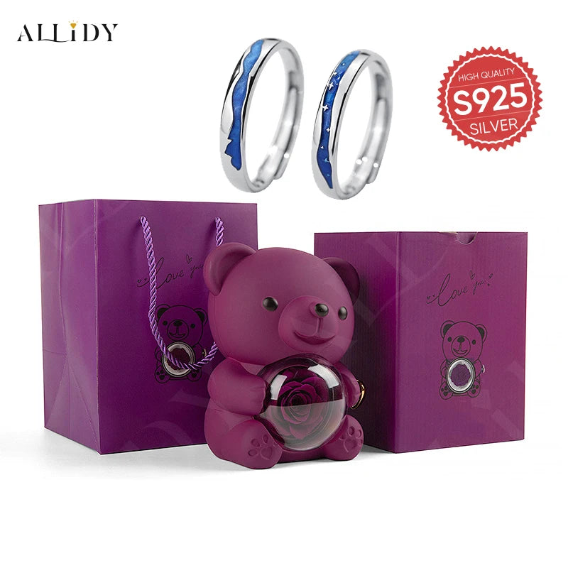 S925 Sterling Silver Size Open Couple Ring with Bear Shaped Gift Box Adjustable Fashion Jewelry Accessories for Women & Men