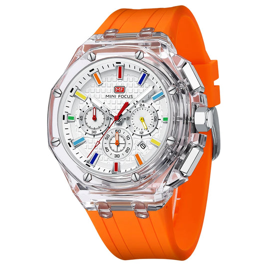 MINIFOCUS Trendy Mens Watch Ultra Lightweight Octagonal Transparent Case Multifunction Quartz Luminous Fashion Sport Watch